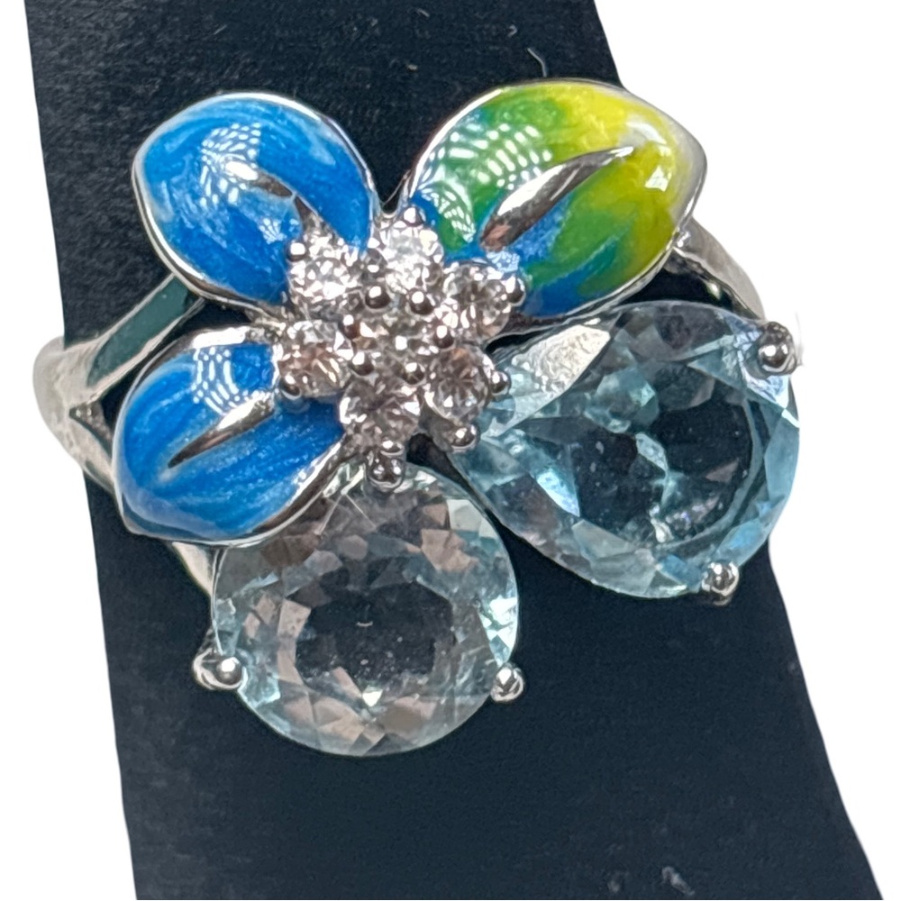 Vibrant Blue and Green Floral Gemstone Ring 925 Sterling Silver Size 8